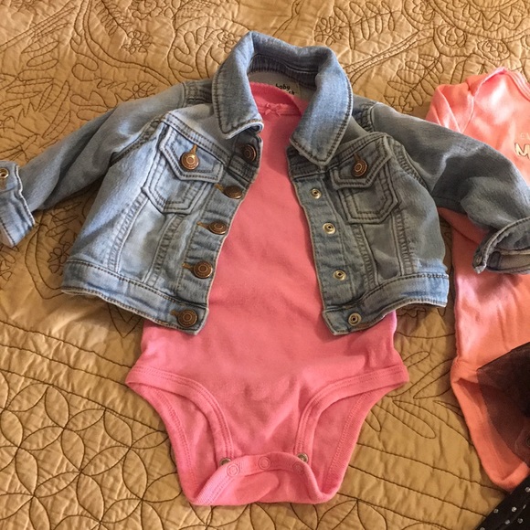Jean jacket, 4 onesies, pink gingham tutu & pants - Picture 2 of 16